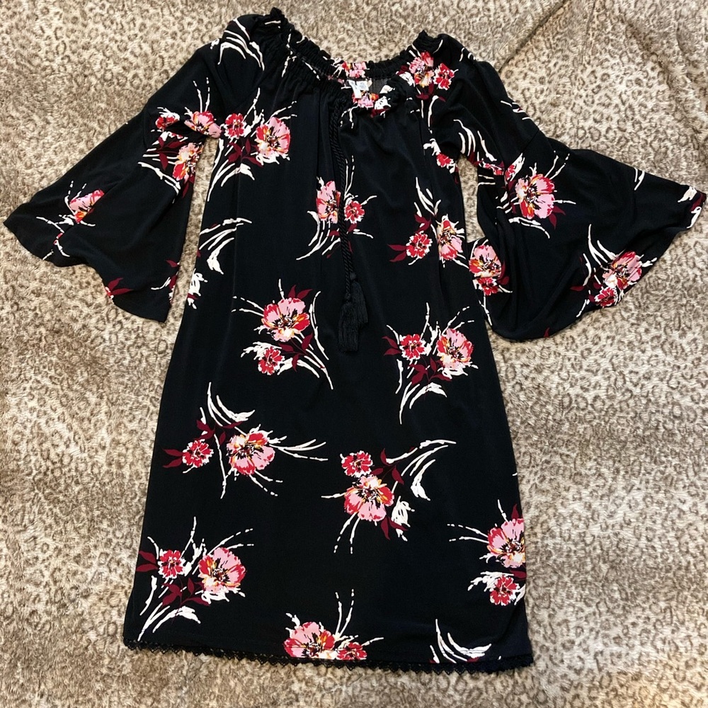 Black Flounce Sleeve Floral Dress